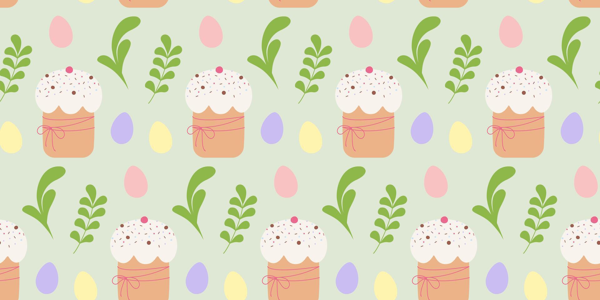 Colorful Easter Eggs Sprinkled Easter Cake and green twigs Seamless Pattern Easter Celebrations fond. Isolated Illustration Greeting Thematic Cards Background Festive Wrapping or wallpaper idea vector