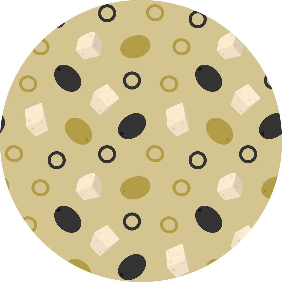 Freehand Dark and green Olives Whole and slice and Cheese Cubes Pattern on Circle Backdrop. Isolated illustration Healthy Food or Menu Cards Promo banners, leaflets, labels, price tag vector