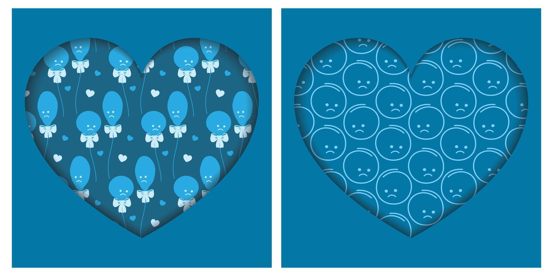 Blue Balloons with hearts and Sad emoticons Pattern on heart shape Backdrop Paper Cut Fonds. Isolated illustration Blue Monday Greeting Themes Cards Party Invite, leaflets, poster, tag vector