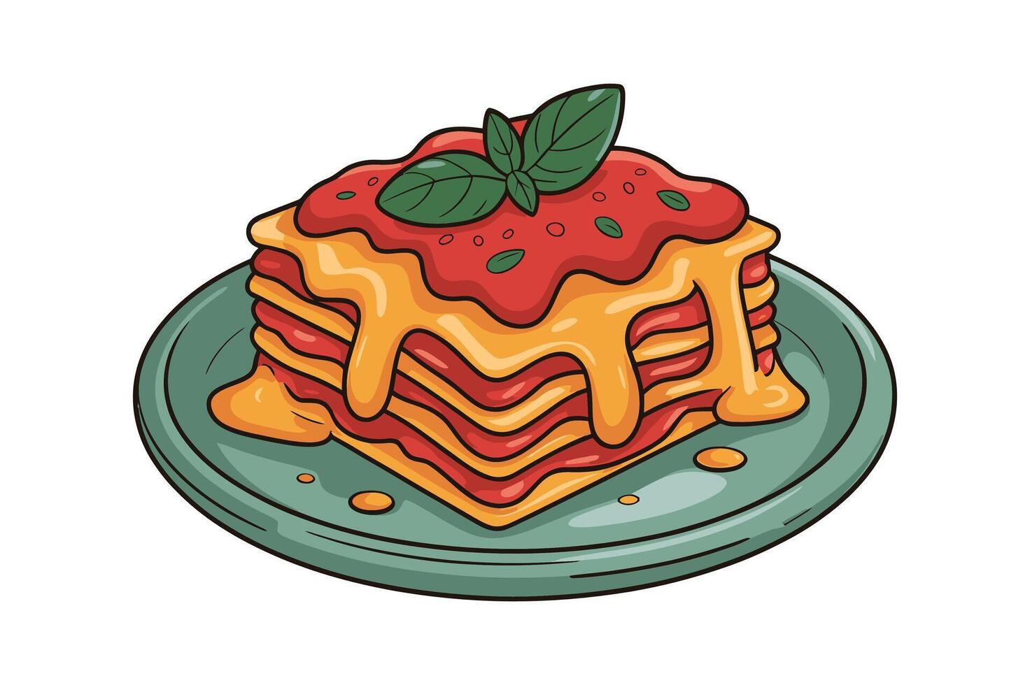 Delicious Layered Lasagna with Tomato Sauce Cheese and Basil Garnishing on a Plate Illustration vector