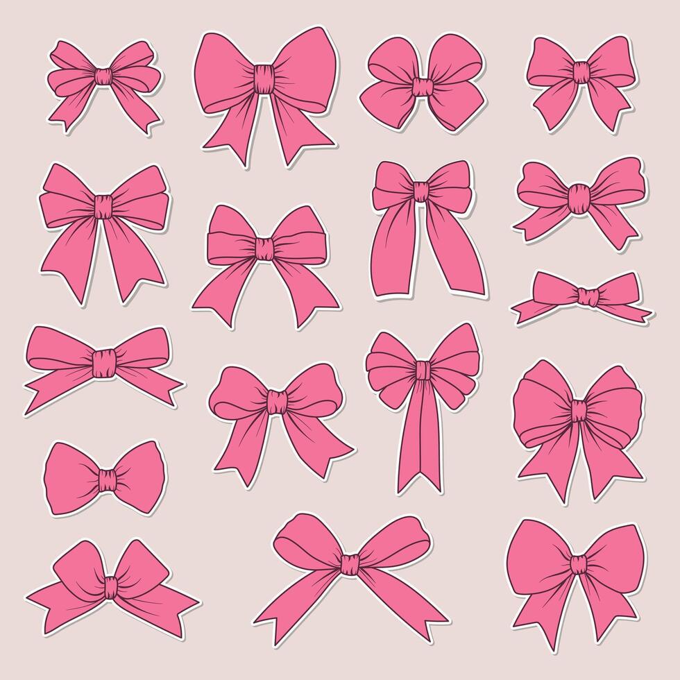 Big collection of pink ribbon bows in various styles on soft background. Perfect for gift design and feminine decorations. vector
