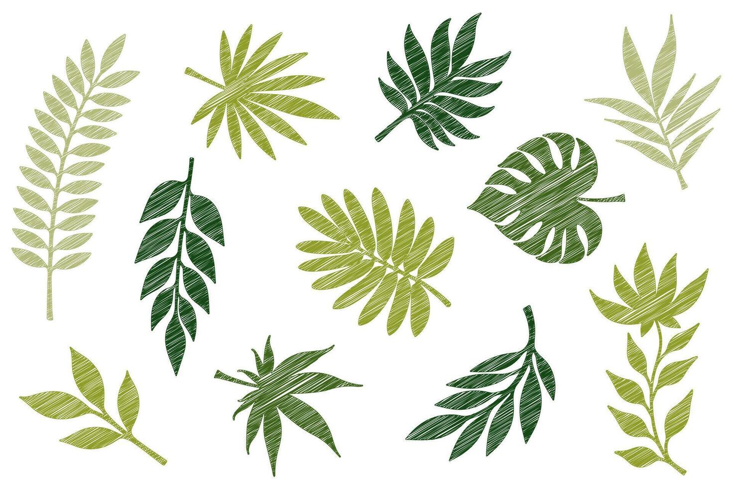 Hand-drawn set of shaded tropical leaves in green tones with engraved and sketched texture, ideal for botanical or eco-themed designs. vector