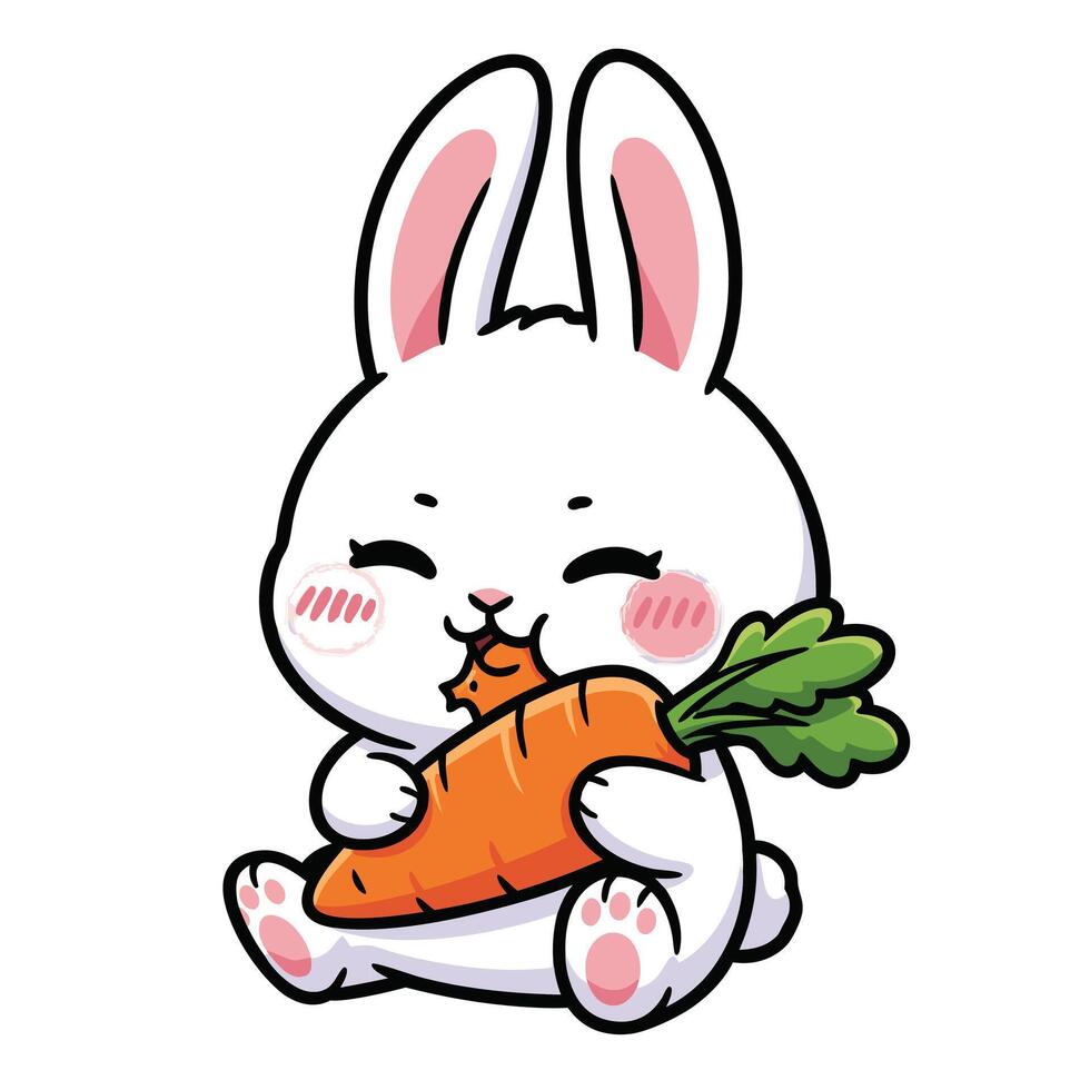 Cute Cartoon Bunny Rabbit Eating Carrot Illustration for Kids and Children Designs vector