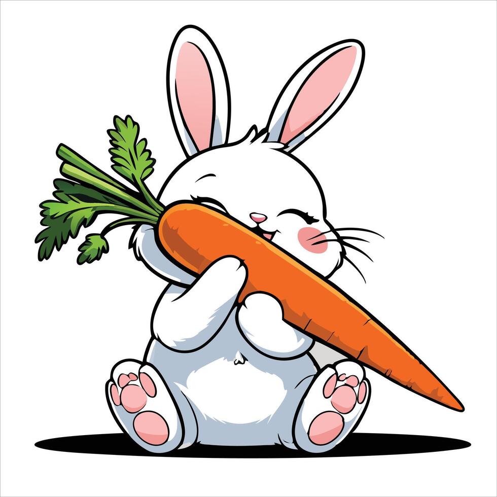 Cute Cartoon Bunny Rabbit Hugging Big Carrot Illustration for Kids vector