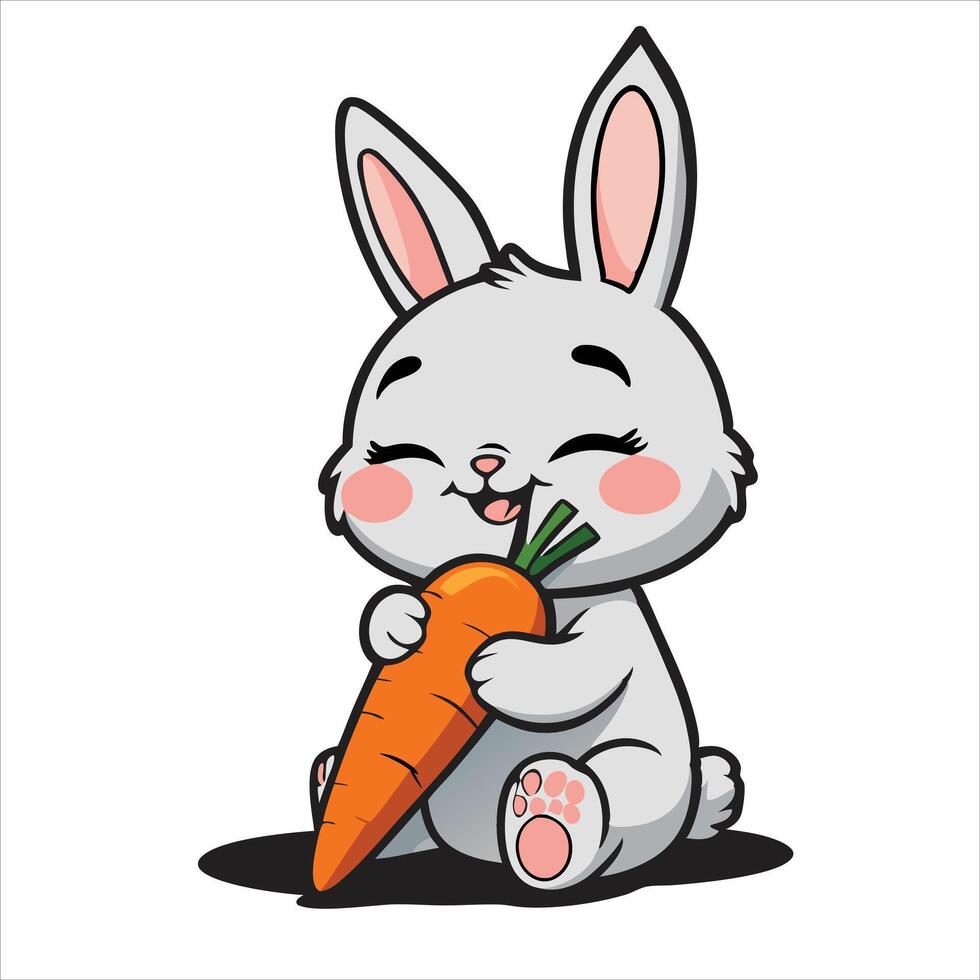 Cute Cartoon Bunny Rabbit Sitting and Hugging Carrot Illustration for Kids vector
