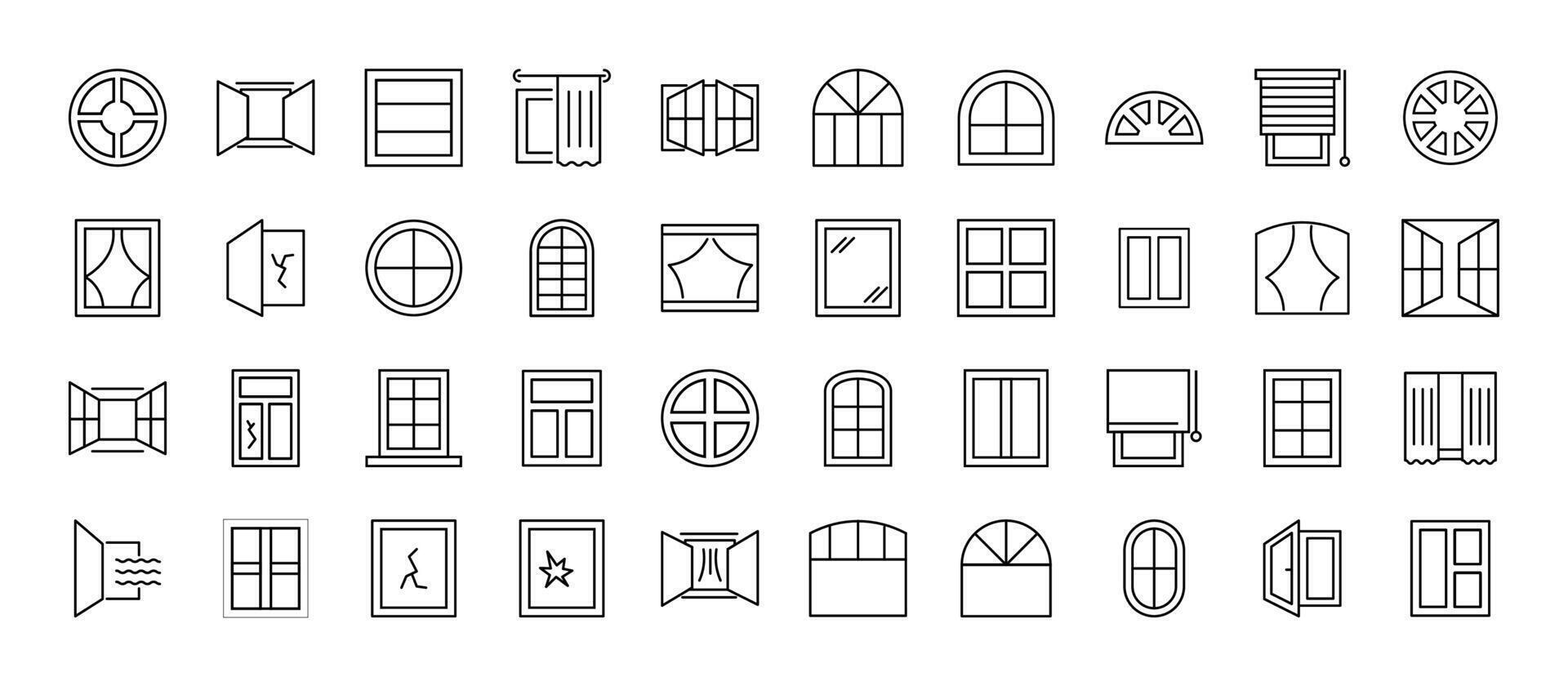 Line Signs of various windows as part of house for Advertisement. Suitable for books, stores, shops. Editable stroke in minimalistic outline style. Symbol for design vector