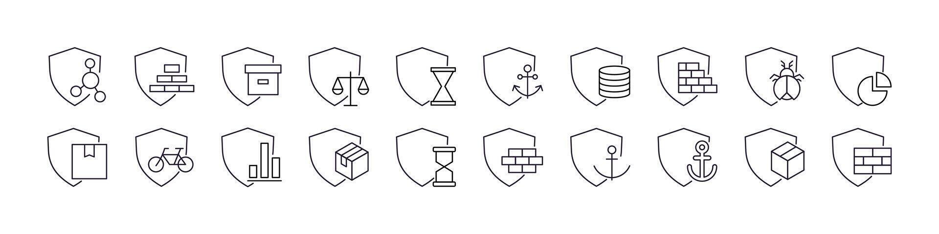 Set of Box, Brick Wall, Anchor by Shield Related Line Icons. Outline Signs for Graphic and Web Design, Apps, Adverts, Various Cards vector