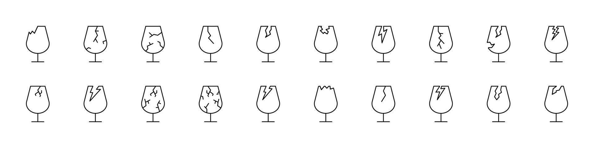 Broken Glass Thin Line Icon Set. Outline Signs for Graphic and Web Design, Apps, Adverts, Various Cards vector