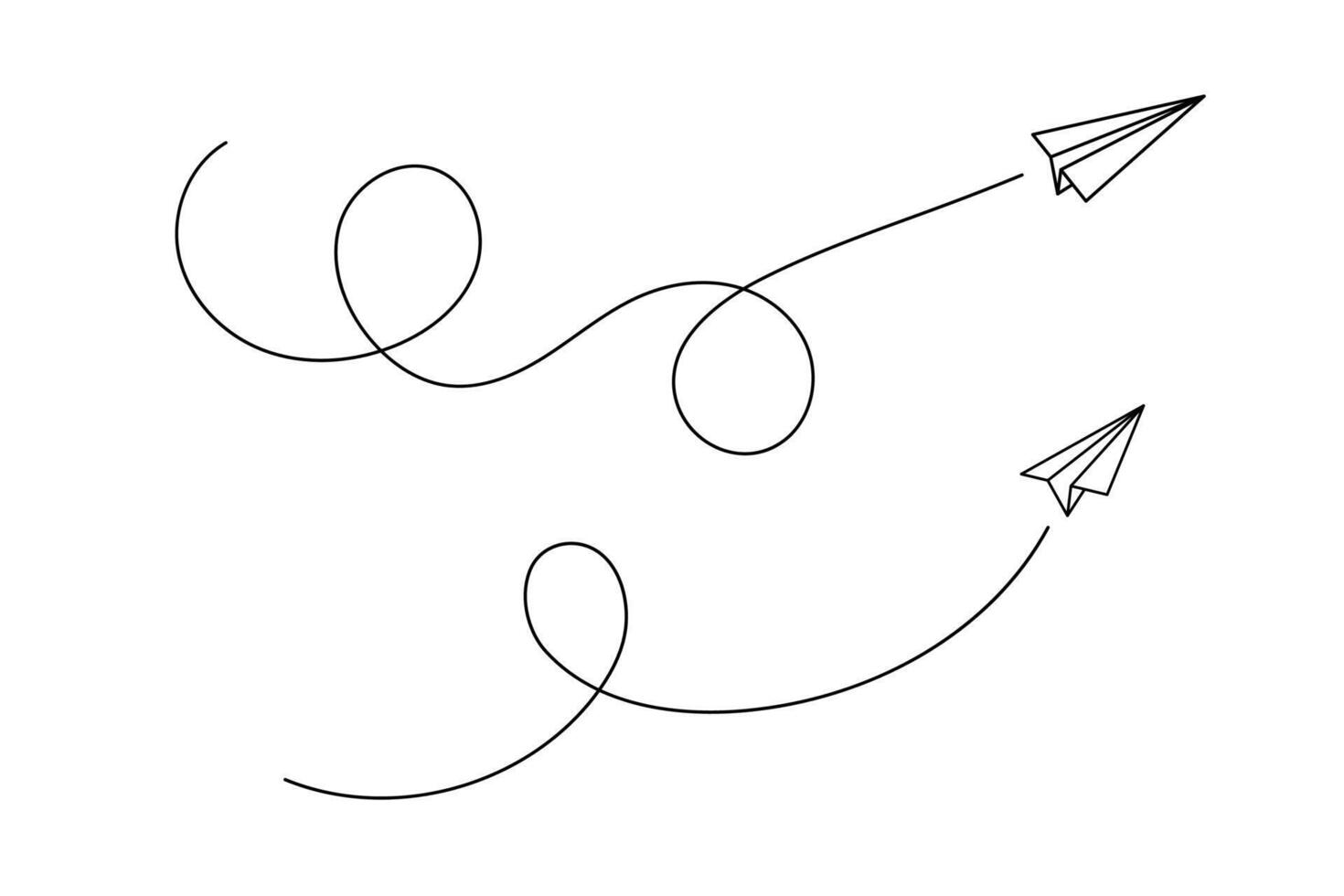 Paper plane flying with air path and line for flight or message travel. Aeroplane or toy jet in outline form with track, trail vector