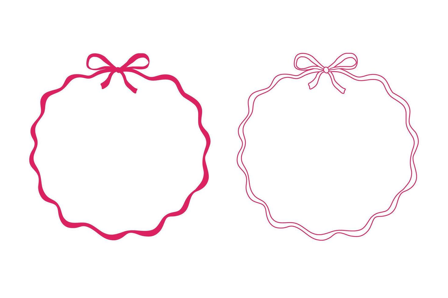 Hand drawn circle frame with bow and whimsical ribbon. Decorative pink vintage border in coquette style. vector