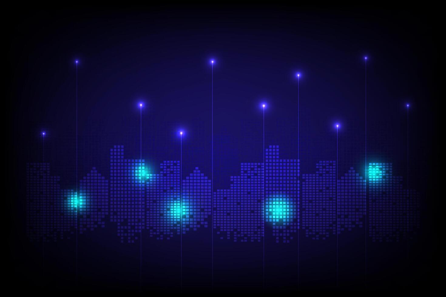 Smart city made of glowing blue pixels on a dark background, resembling a futuristic digital skyline vector