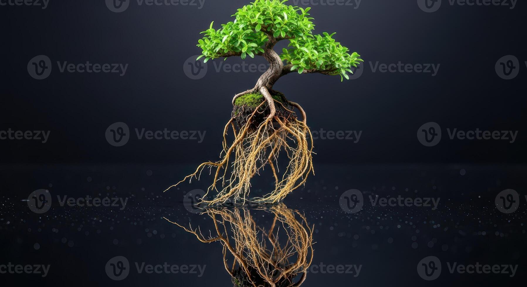 A small bonsai tree with intricate roots on a dark reflective surface photo
