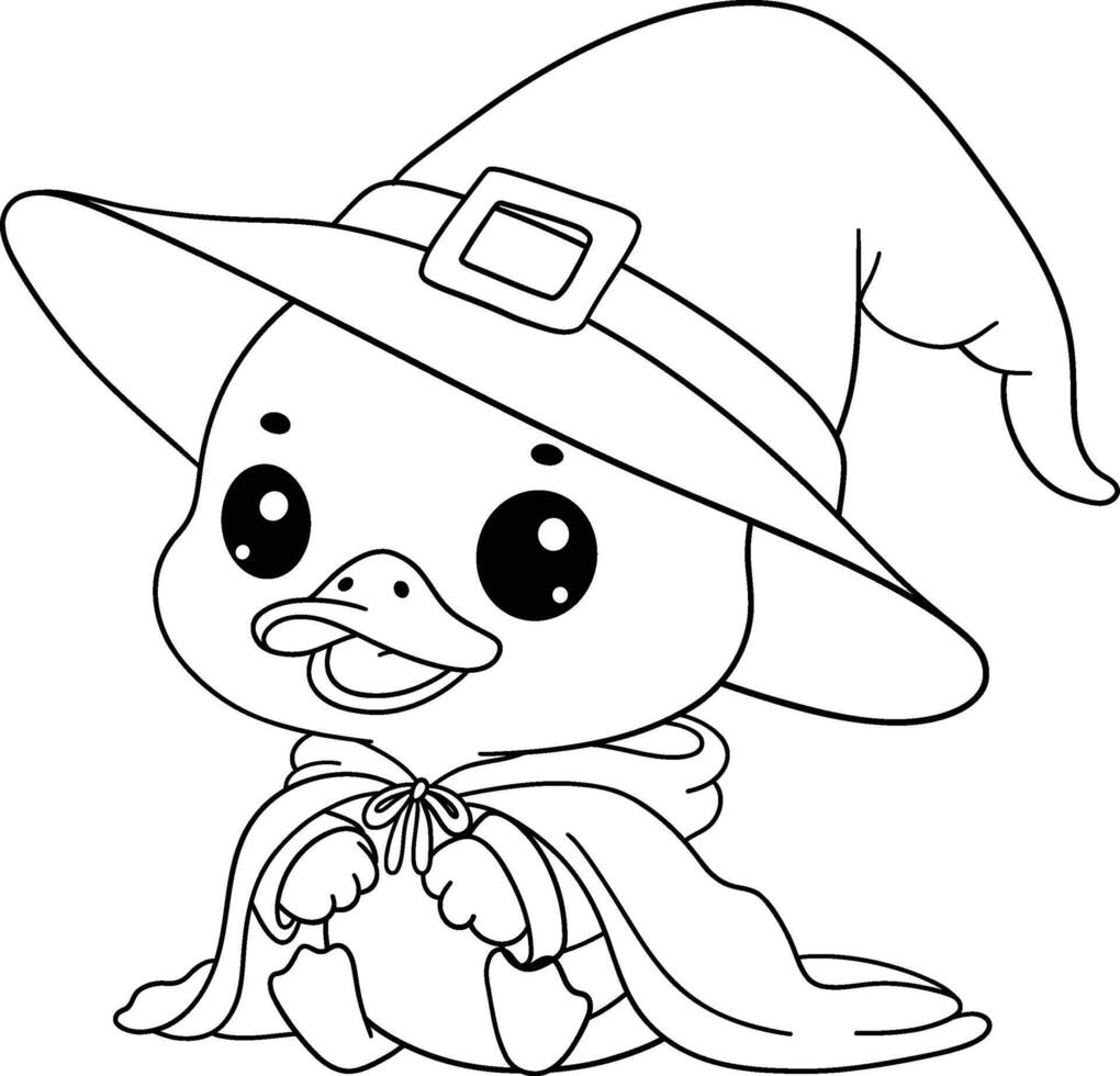 halloween cartoon duck in witch cloak in cute black and white coloring page art vector