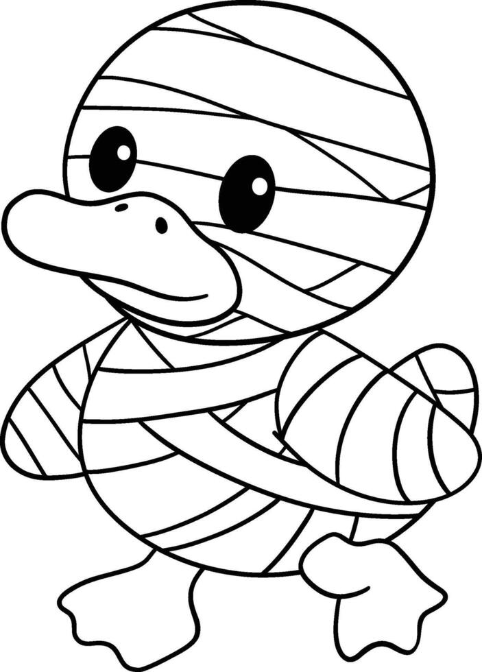 halloween little duck dressed as a mummy in black and white kid friendly line art vector