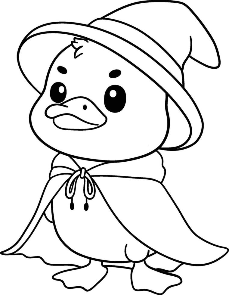 halloween duck dressed in witch cloak in kid friendly outline line art style vector