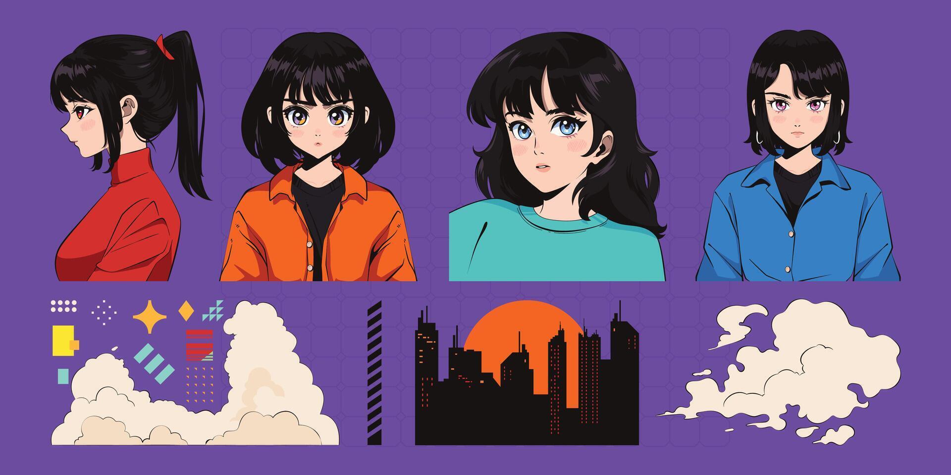 Anime characters with varying hairstyles and expressions vector