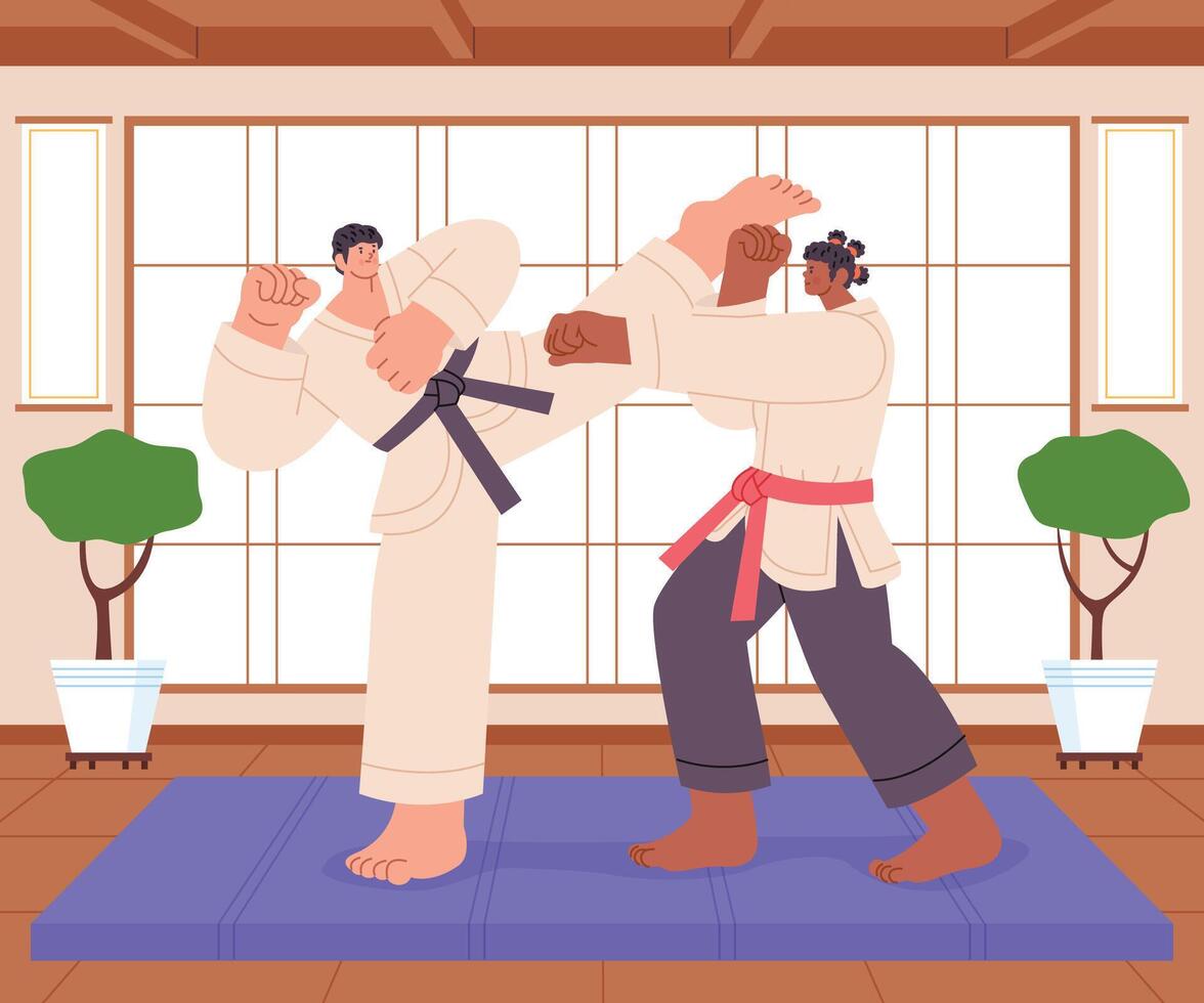 Karate training session in a dojo vector