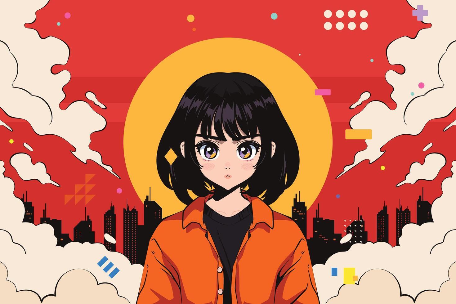 Anime girl with city skyline background vector