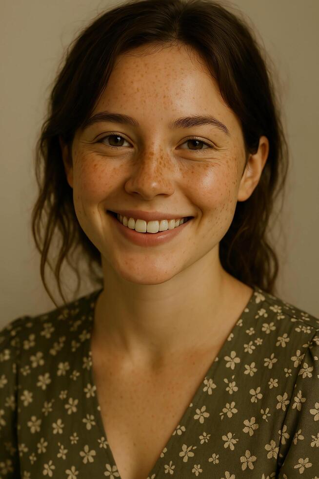 A woman with freckled hair smiling at the camera photo