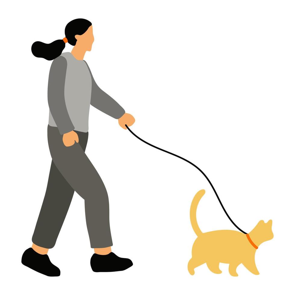 Illustration of Woman Walking With Her Cat vector