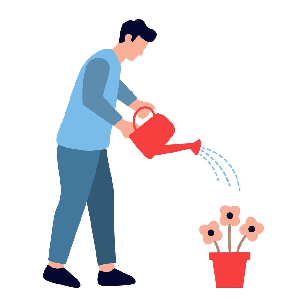 Man Watering Flowers with Watering Can Illustration vector
