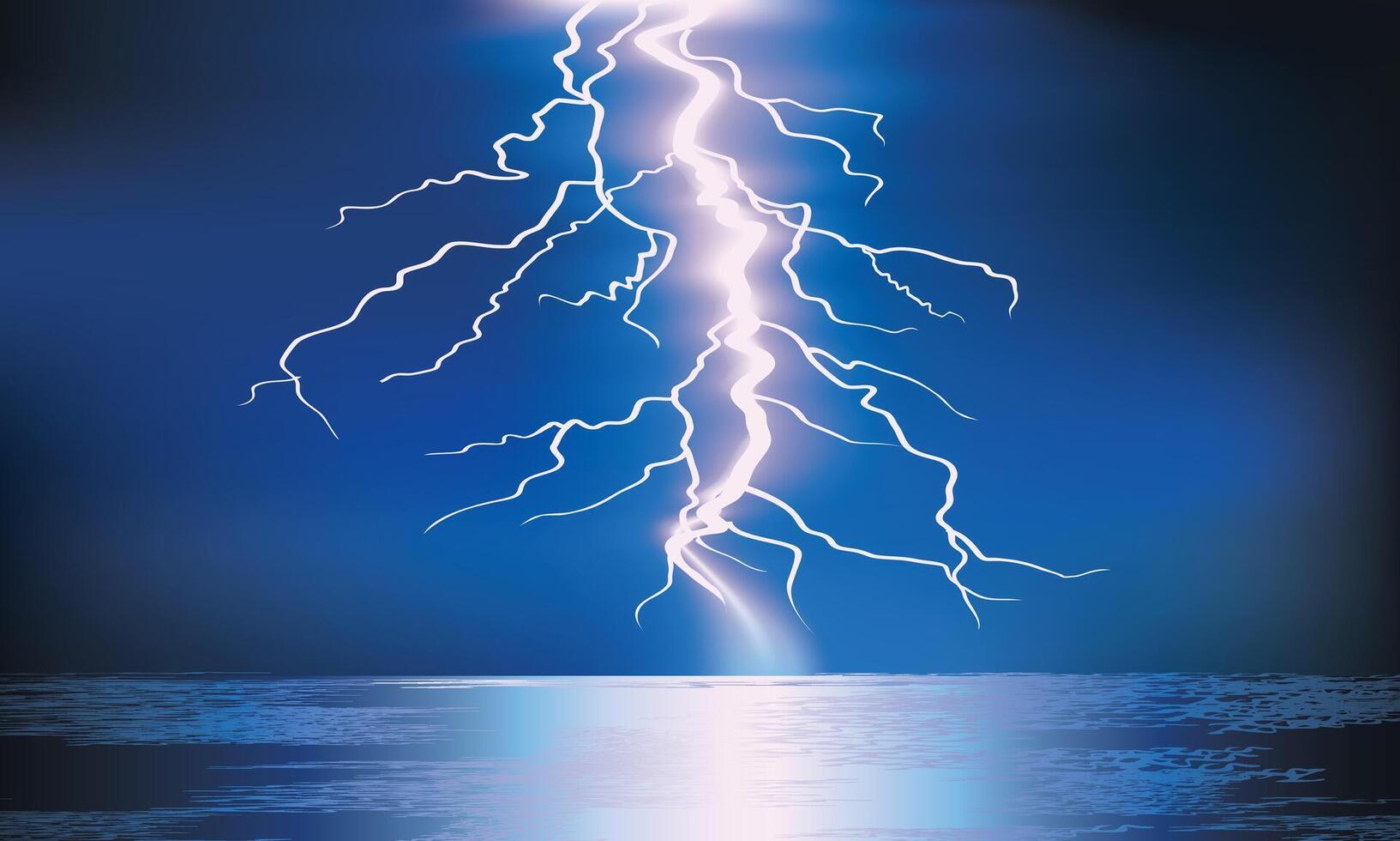 Bright Lightning Strike Over Ocean Under Blue Storm Sky vector