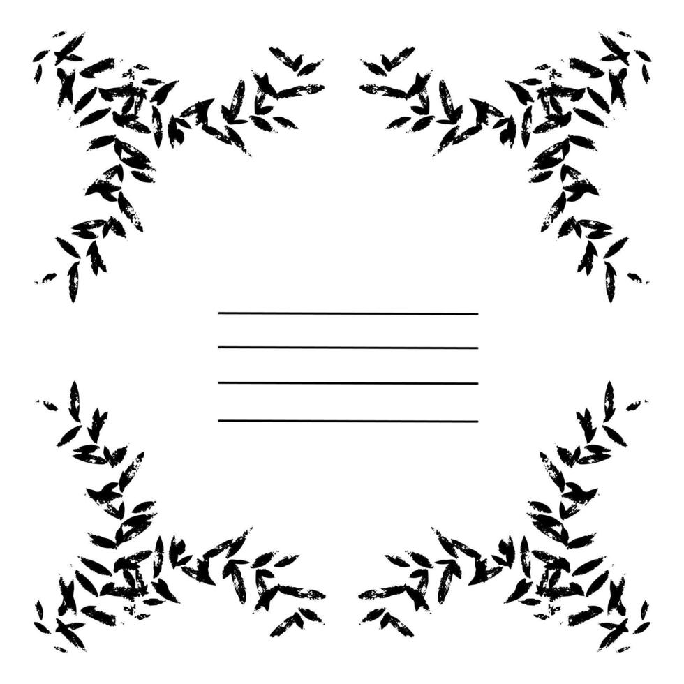 frame in abstract shape made of small branches with leaves poorly printed texture, with worn-out print, grunge. illustration with stripes writing. template for notebooks, sketchbooks as the main page vector