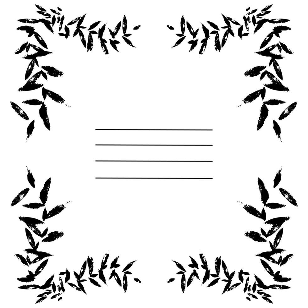 square frame made of small branches with leaves corners, poorly printed texture, worn-out print, grunge. illustration with stripes writing. template for notebooks and sketchbooks as main page vector