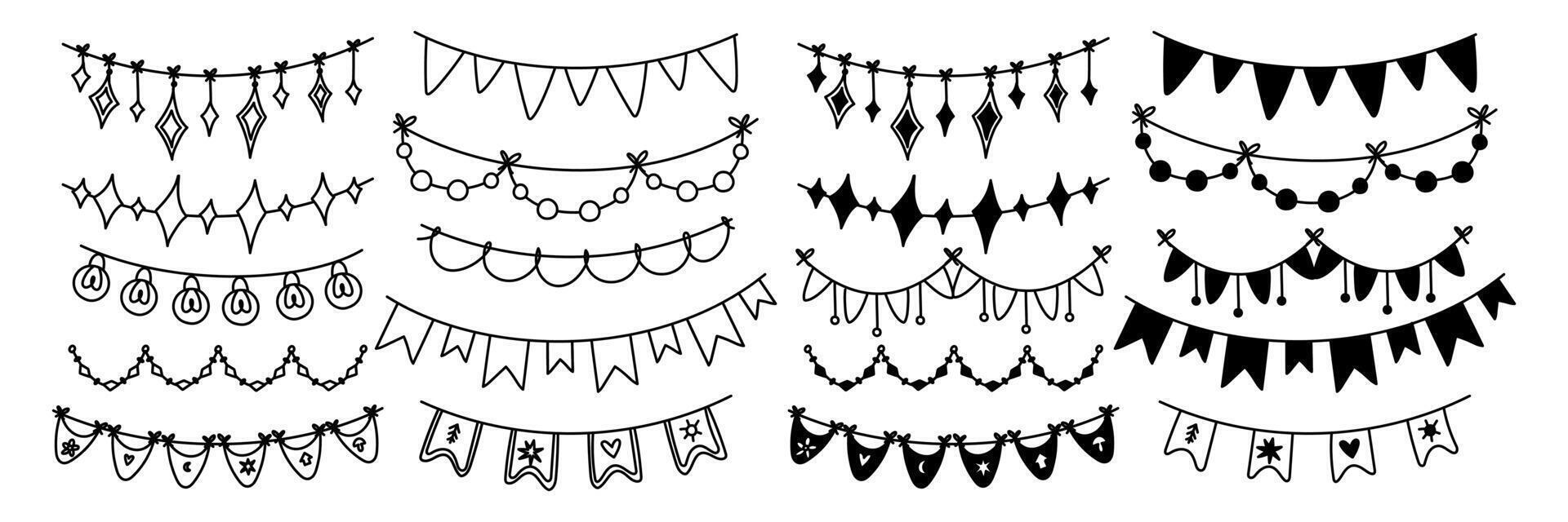 Garland of flags. Hand-drawn illustration with festive elements. Stars, triangles, crystals. Linear, flat. set of flags different shapes on string. Hanging flags. Festive decoration. black outline vector
