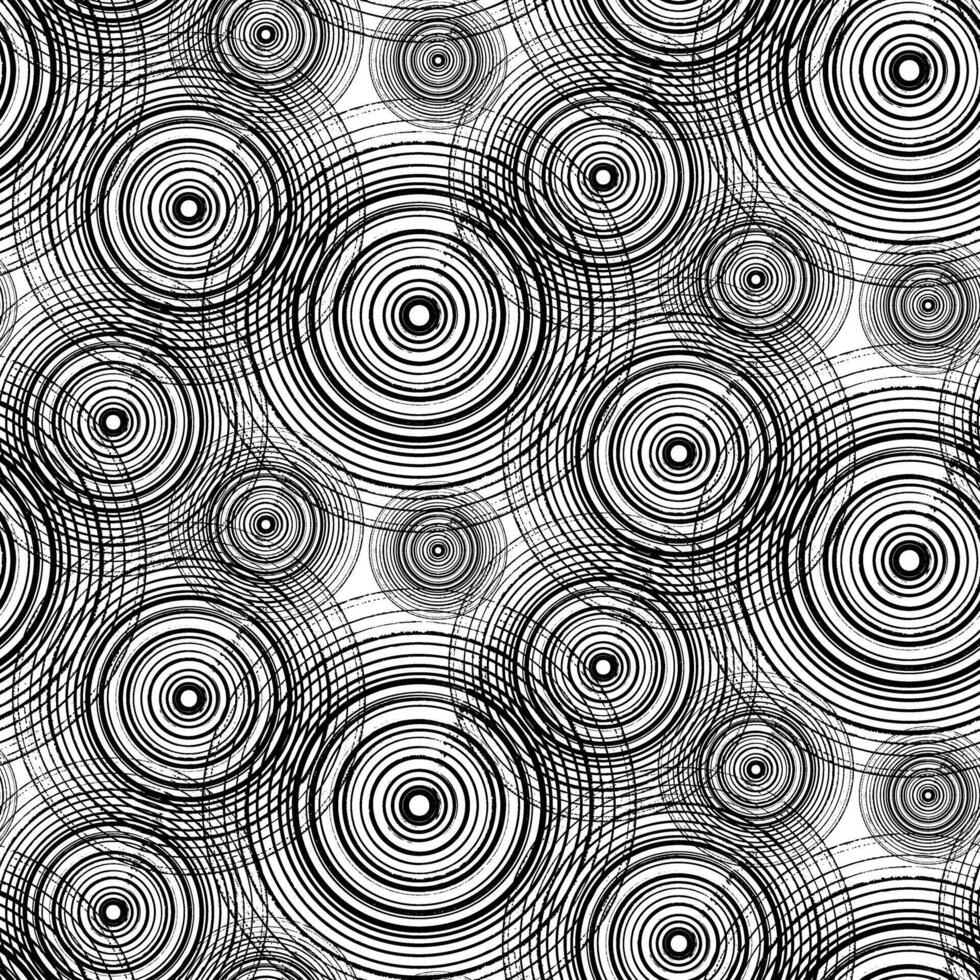Scattered circles in a pattern. Abstract geometric background. Transparent concentric rings with grunge. Seamless pattern. Monochrome illustration. Combined elements. Endlessly repeating vector