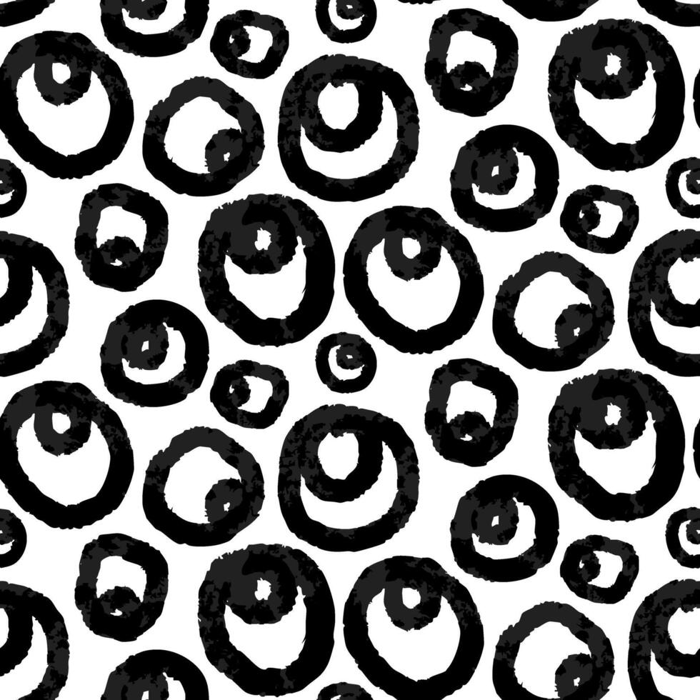 Abstract pattern with circles in circles of various shapes. Wet brush for clear and blurred colors. Monochrome. Repetitive pattern with hand-drawn effects. Seamless texture with poor printing, grunge vector