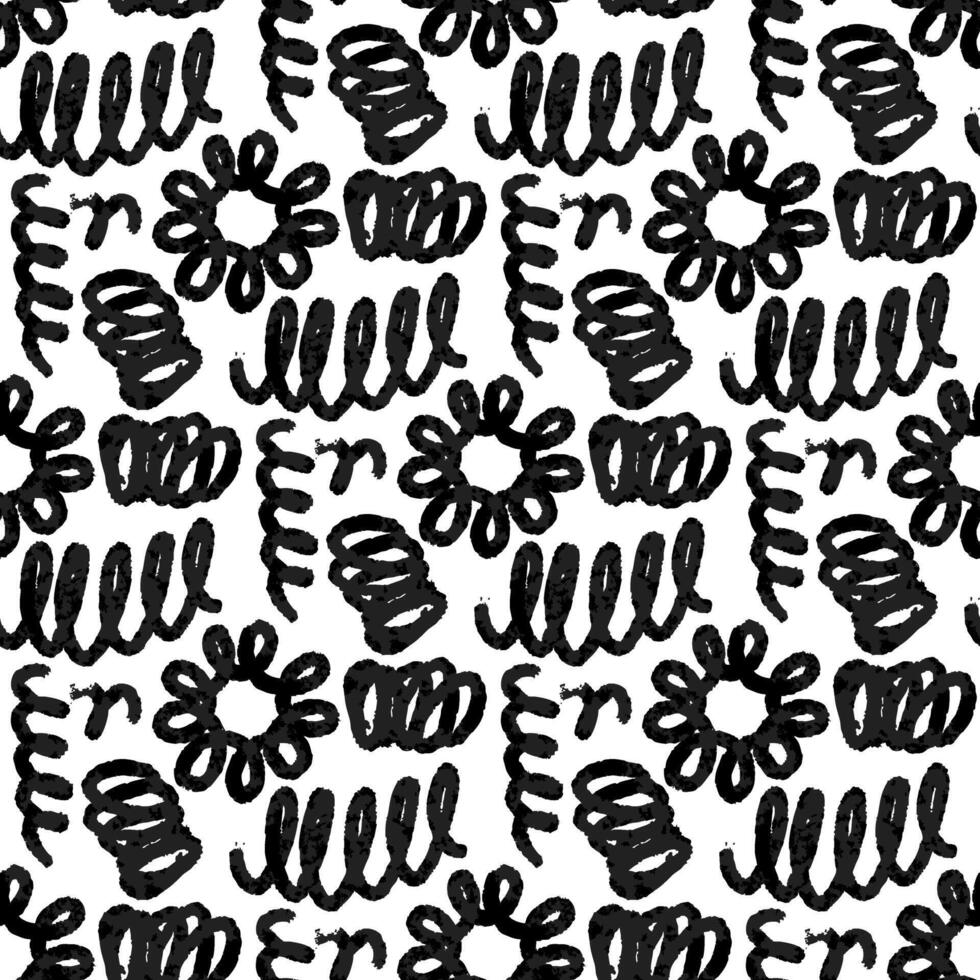 Abstract pattern with various closed, open swirls. Wet brush for creating clear and blurred colors. Monochrome. Repetitive pattern with hand drawn effects. Seamless texture with poor printing, grunge vector