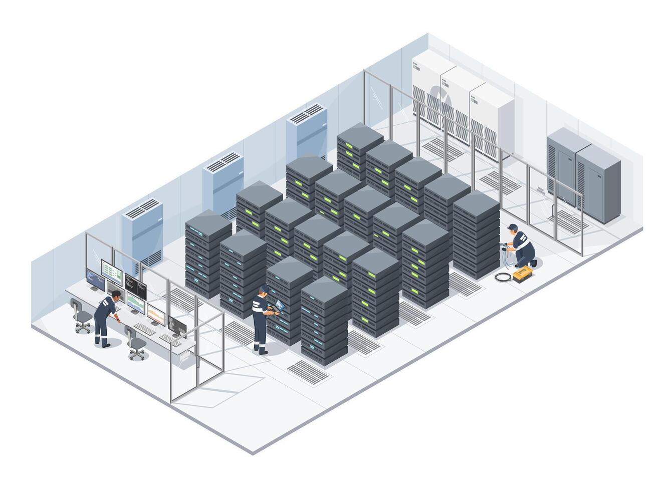 Technicians in a data center with servers vector