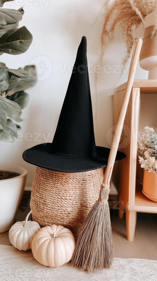 Black witch hat sits on wicker basket with wooden broom and white pumpkins in modern home interior. Stylish Halloween decoration creates cozy autumn atmosphere with neutral colors. photo