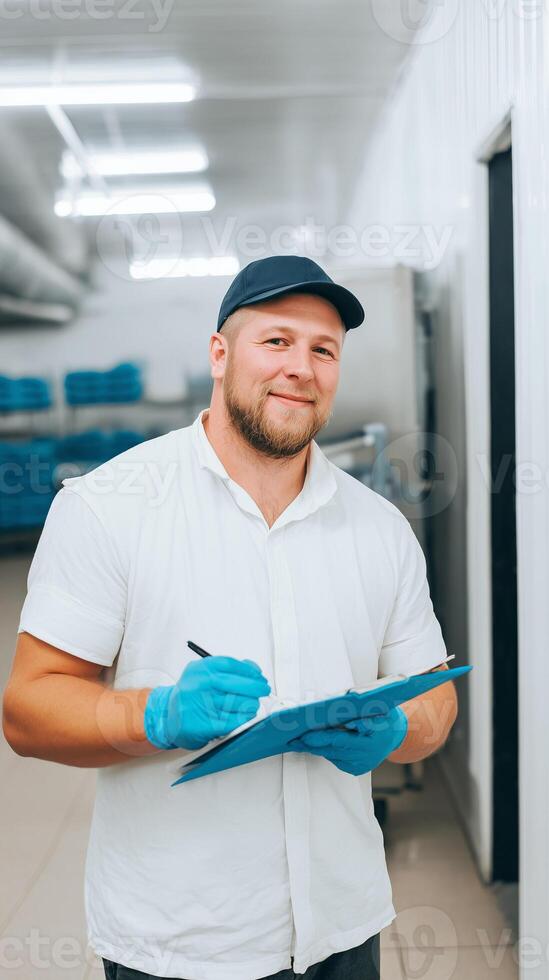 Quality control inspector with clipboard in modern manufacturing facility. Professional worker in uniform and gloves documenting production process. Industrial workplace safety and compliance concept. photo