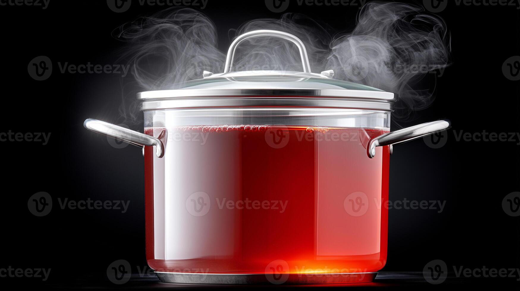 Clear transparent glass cooking pot with red liquid boiling and steam vapor on black background. See-through cookware kitchen utensil for culinary food preparation. photo