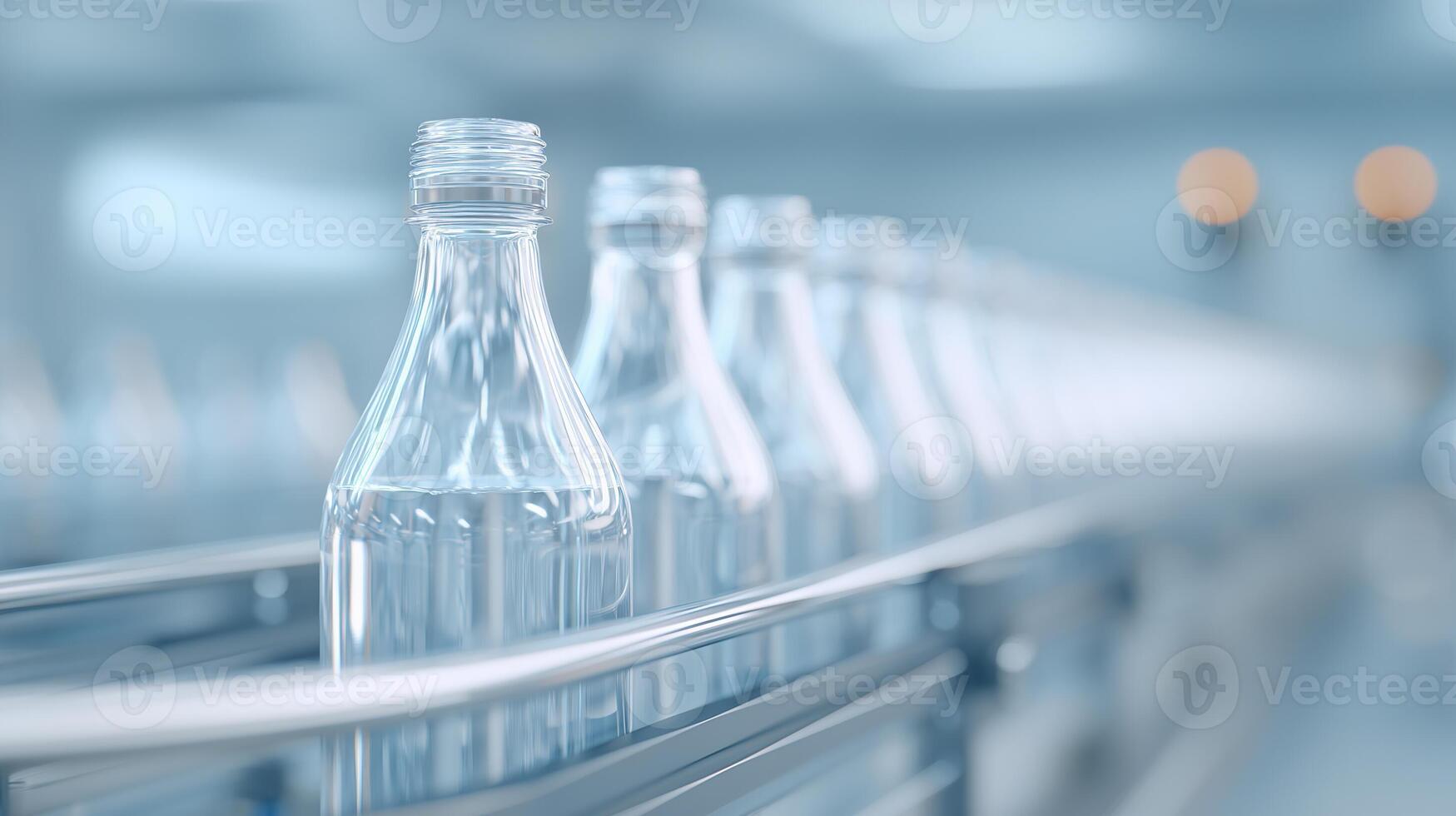 Empty glass bottles on industrial conveyor belt in modern manufacturing facility. Clean production line for beverage or pharmaceutical packaging. photo