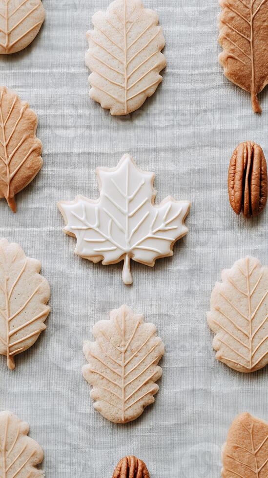 Autumn leaf-shaped cookies with white icing and pecans on neutral linen background. Fall baking seasonal homemade treats with copy space for text in cozy rustic style. photo