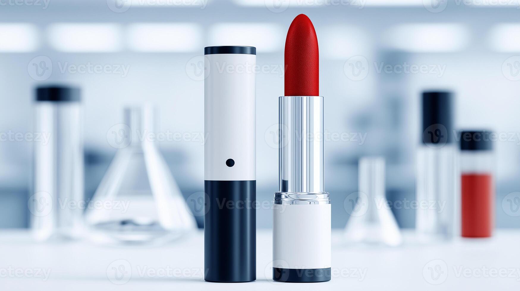 Red lipstick in white tube manufactured with modern printing technology. Advanced cosmetics production creating luxury beauty products in industrial laboratory with automation. photo