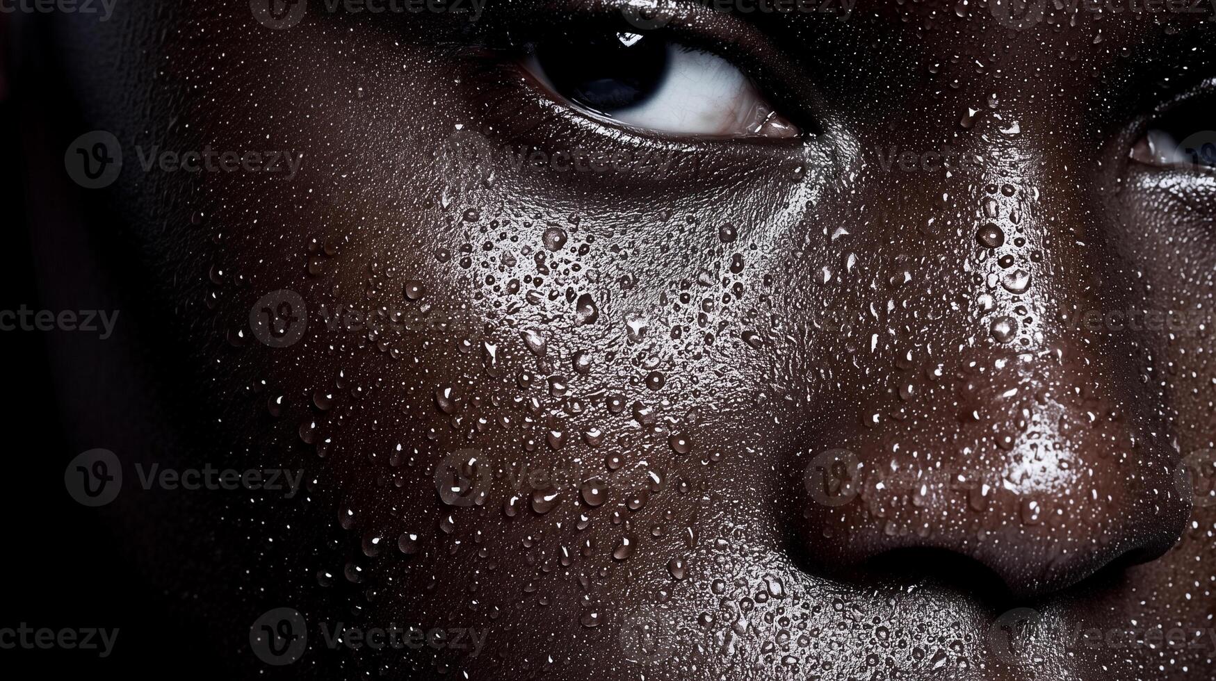 Skin hydration concept with water droplets on dark complexion face. Moisturizing skincare routine for healthy glowing skin. Beauty treatment and facial care close-up. photo