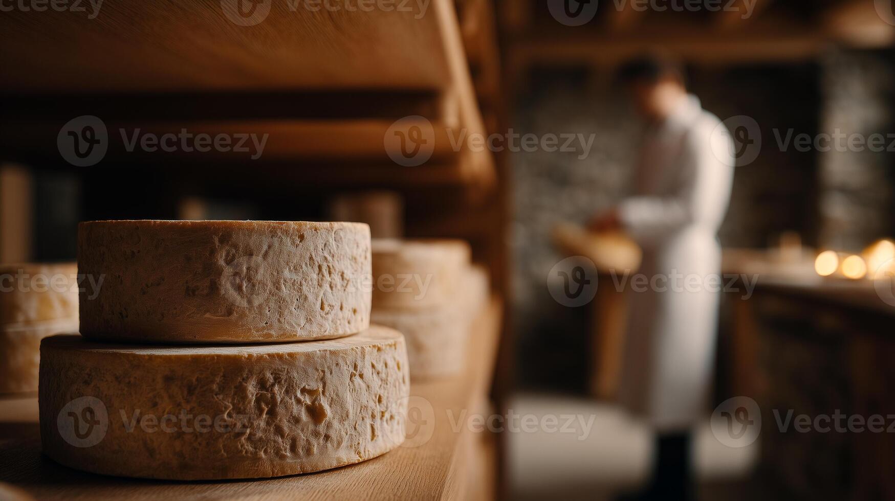 Artisan cheese wheels aging on wooden shelves in traditional dairy cellar. Handcrafted cheese production and maturation process in rustic storage facility. Gourmet food manufacturing concept. photo