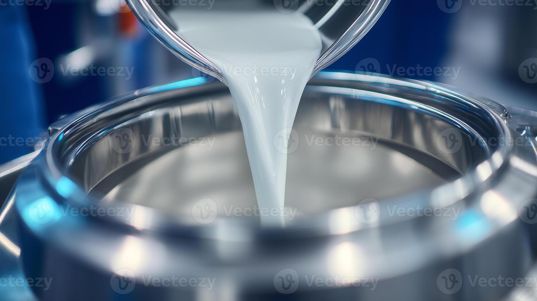 Fresh milk flows into steel container at dairy production facility. Industrial manufacturing process of pure white liquid in modern food processing plant. photo