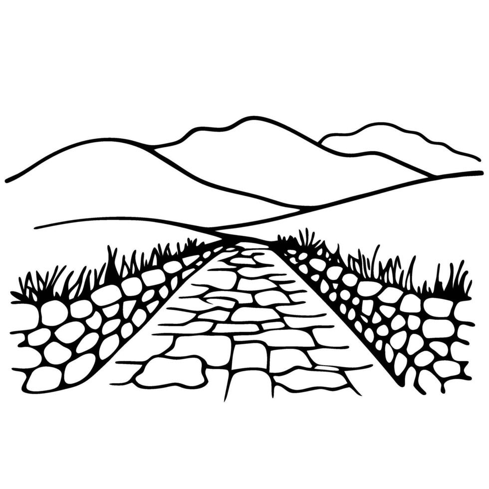 Countryside stone pathway leading to distant hills, rural landscape illustration with mountain view and open road vector