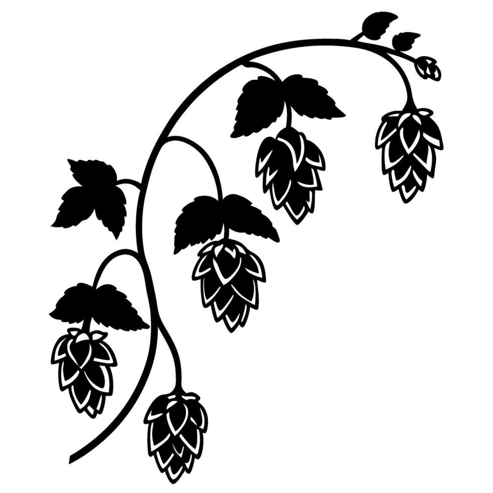 Hop plant branch with leaves and cone flowers botanical silhouette, craft brewing ingredient, natural organic design vector