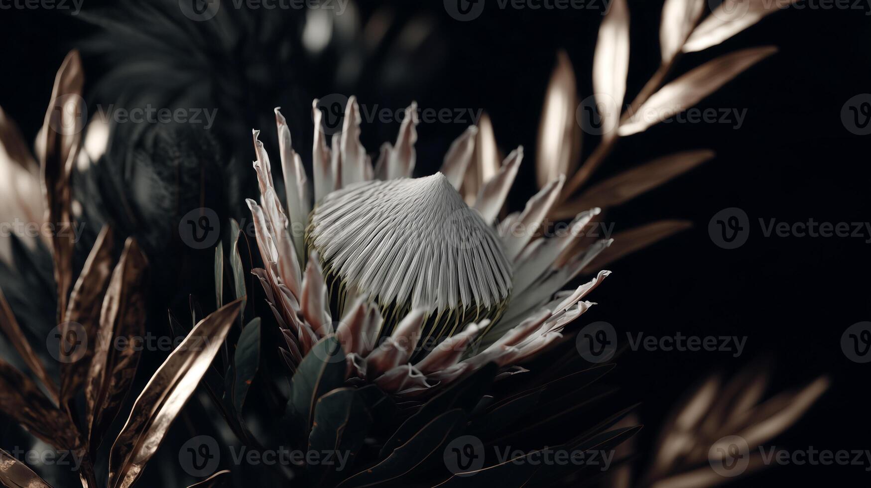 Exotic protea flower bloom with dramatic petals on dark moody background. Stunning tropical botanical nature photography. Unique wild flora blossom with intricate texture and artistic lighting. photo
