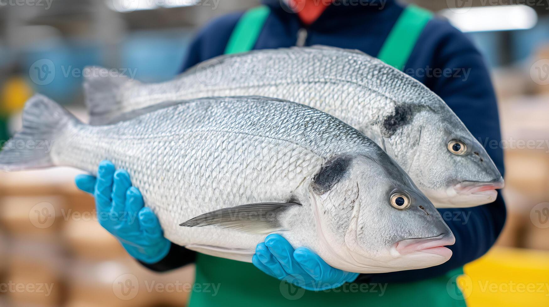 Worker in blue gloves holding fresh fish in seafood processing facility. Quality control inspection at commercial fish production plant. Industrial food manufacturing. photo