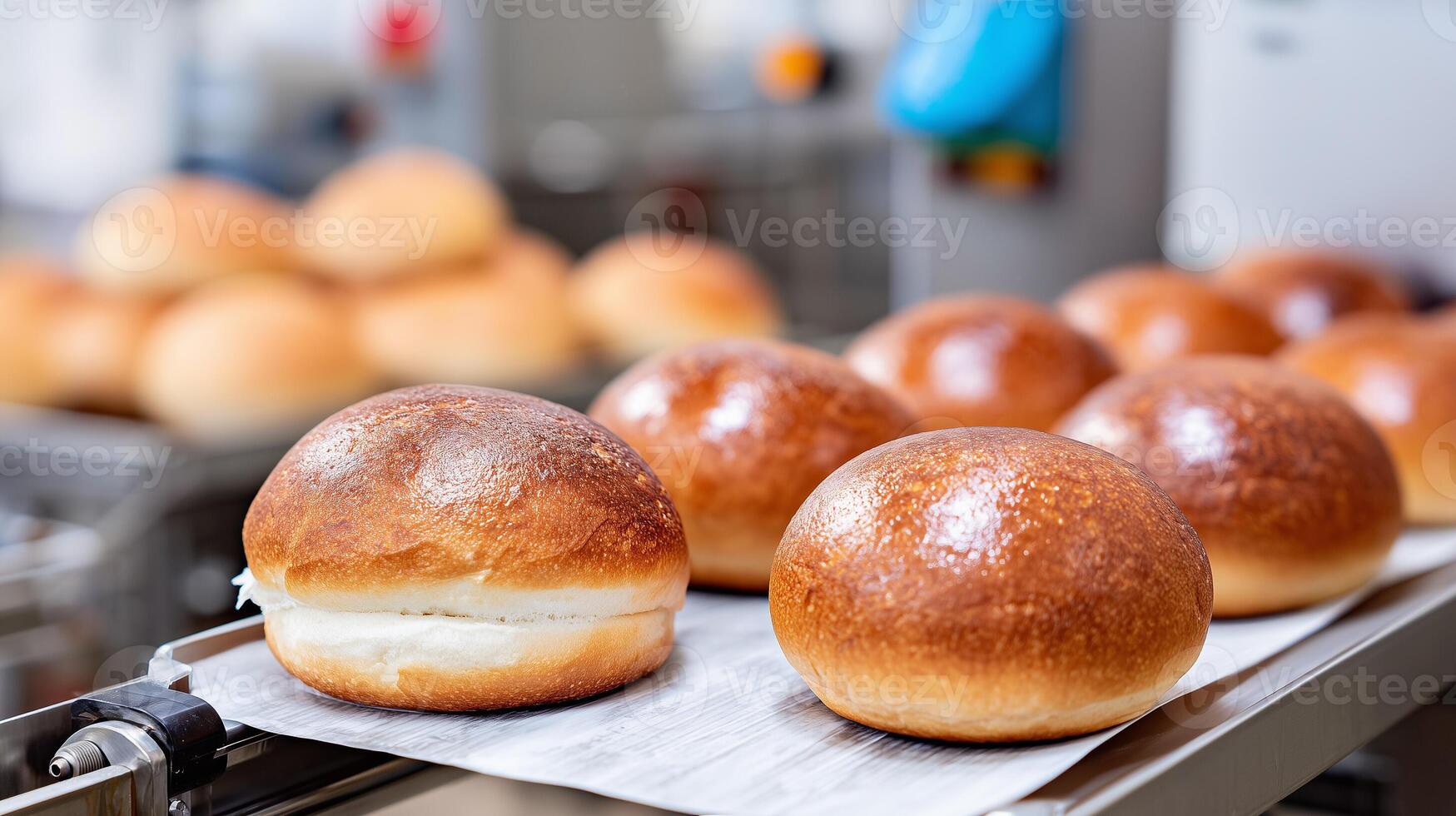 Fresh golden hamburger buns on industrial conveyor belt in modern bakery factory. Automated bread production line with glossy baked rolls. Commercial food manufacturing and processing facility. photo