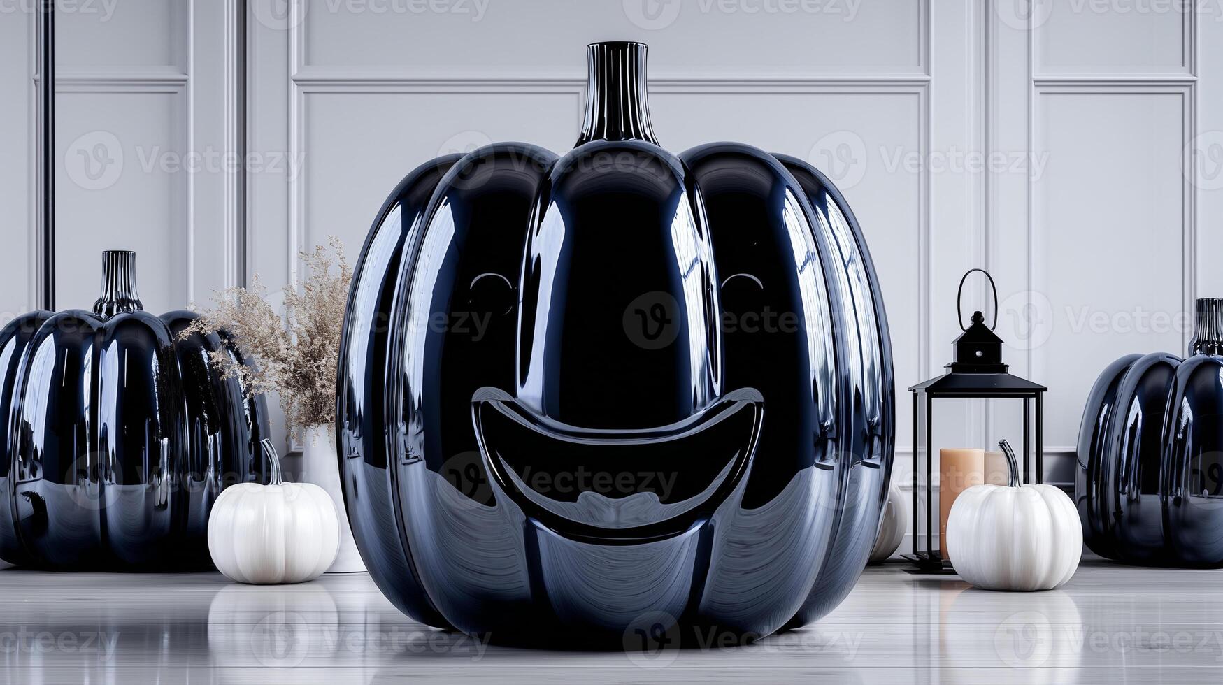 Luxury Halloween decoration display with elegant black and white ceramic pumpkins. Premium glossy jack-o-lantern faces create sophisticated autumn party decor atmosphere. photo
