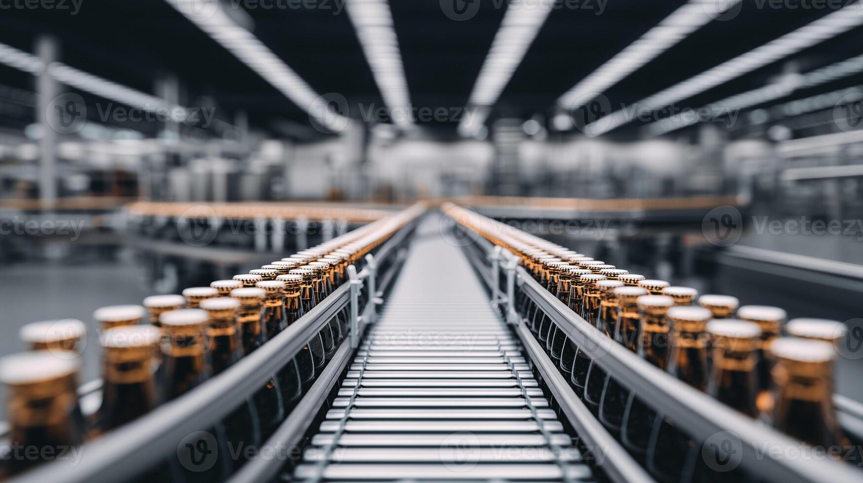 Industrial production line with glass jars on conveyor belt in modern manufacturing facility. Automated food processing equipment showing mass scale commercial packaging operation. photo