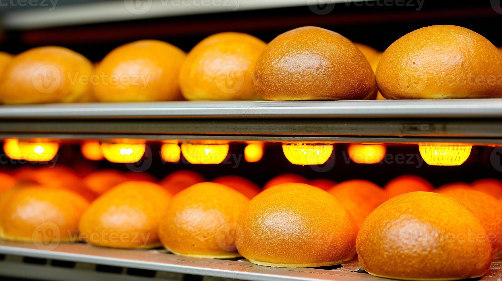 Fresh bread rolls on industrial conveyor belt with warming lamps in commercial bakery production line. Professional food manufacturing equipment. photo